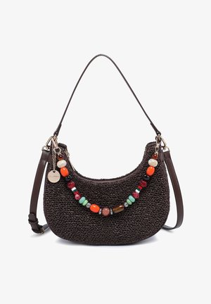 Dark brown woven handbag with a single shoulder strap and colorful decorative beads across the front with metal charm accents.