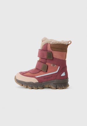 Purple and pink winter boot with double velcro straps, faux fur lining, rugged sole, and rubber accents for durability and traction.