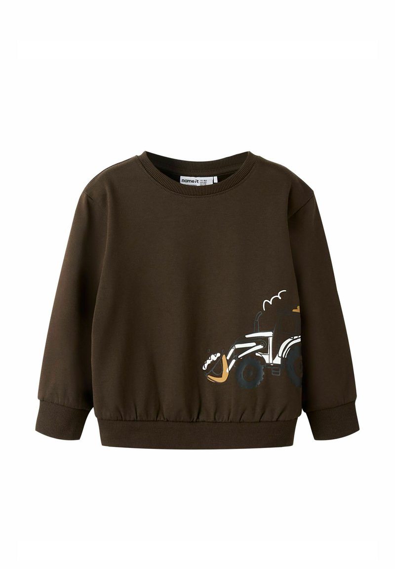 Felpa marrone con grafica di un trattore in bianco, giallo e nero. Tessuto morbido con collo a costine e orlo elasticizzato. Maniche lunghe.