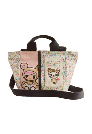 Small floral fabric handbag with black handles and strap, featuring cartoon bear and girl characters wearing bear costumes on front panels.