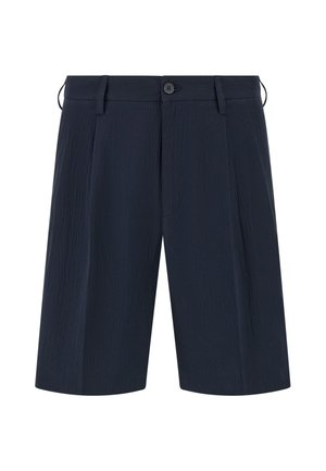 Shorts bleu marine en tissu texturé, avec un devant plissé, fermeture à bouton et ajusteurs latéraux. Présentent une coupe droite et une longueur mi-cuisse.