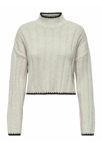 Pull côtelé en tricot blanc cassé avec manches longues, col montant, longueur raccourcie et bordure contrastante noire sur le col, les poignets et l'ourlet.