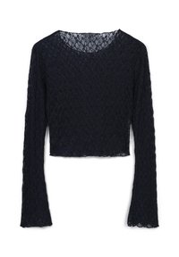 Cropped top lungo in pizzo blu navy con maniche lunghe, caratterizzato da un scollo rotondo e un delicato motivo floreale, rifinito con bordi scallopati discreti.