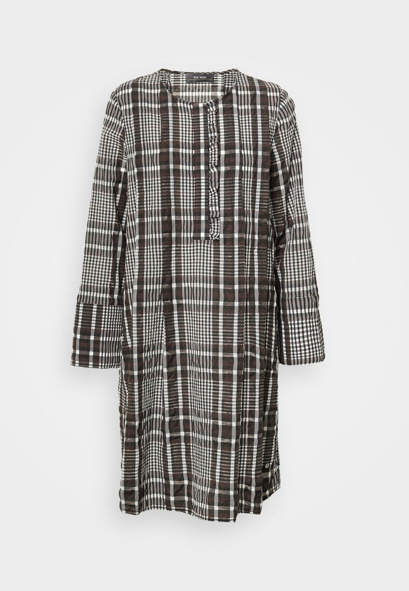 Brown and white checkered dress, long sleeves, round neckline, featuring button front placket and textured fabric.