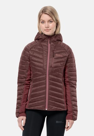 Maroon insulated jacket with a hood, featuring quilted texture, vertical stitching, and a zippered front. Layered with stretch fabric.