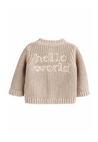 Strickpullover in strukturiertem Beige mit "Hallo Welt" bestickt auf dem Rücken. Hat einen runden Ausschnitt und gerippte Bündchen für einen engen Sitz.