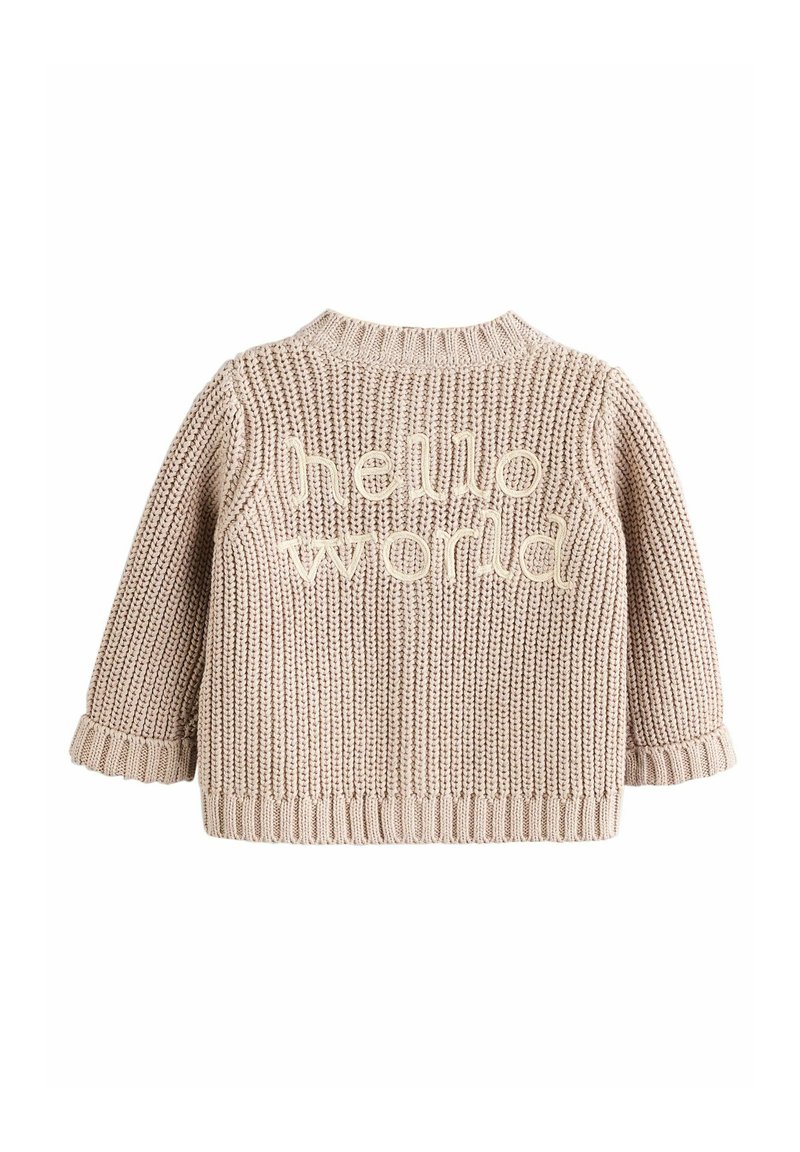 Strickpullover in strukturiertem Beige mit "Hallo Welt" bestickt auf dem Rücken. Hat einen runden Ausschnitt und gerippte Bündchen für einen engen Sitz.