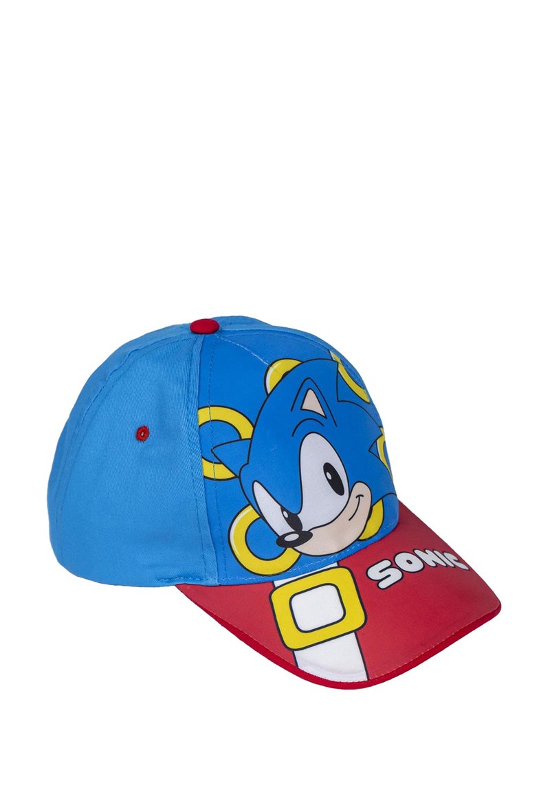 Casquette de baseball en coton bleu avec un motif de Sonic le Hérisson, visière rouge et motifs de anneaux jaunes. Fermeture arrière réglable avec un bouton rouge.
