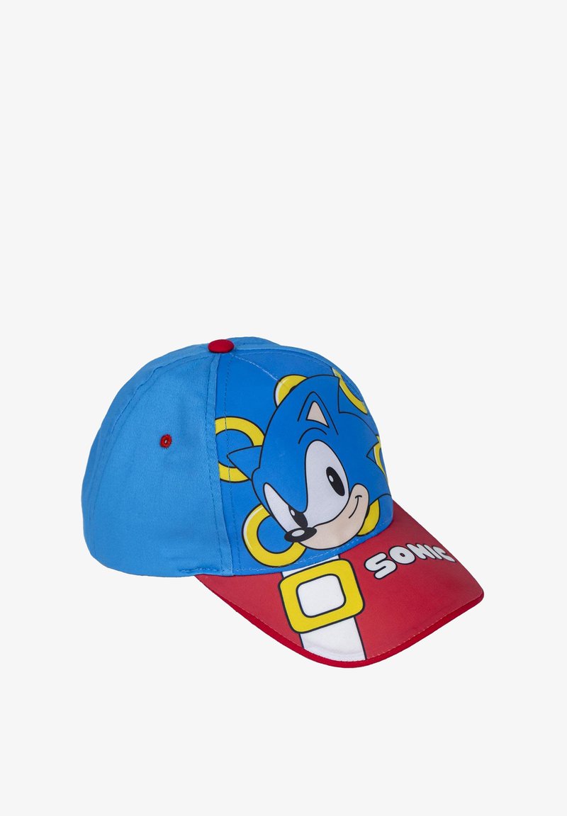 Casquette de baseball en coton bleu avec un motif de Sonic le Hérisson, visière rouge et motifs de anneaux jaunes. Fermeture arrière réglable avec un bouton rouge.