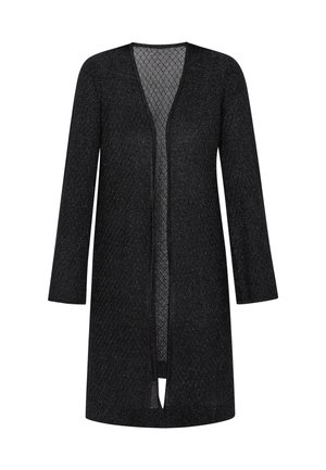 Cardigan lungo nero con maniche a sbuffo e scollatura a V, caratterizzato da un motivo di tessitura testurizzato e apertura frontale. Materiale morbido con un design leggero.