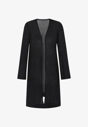 Črn dolgi kardigan z V-izrezom, ki ima teksturno tkanino in odprto sprednjo stran. Mehka tkanina z lahkotno zasnovo.