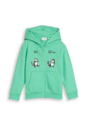 Mintgrüner Kinder-Zip-Hoodie mit Fronttaschen, Kapuze und Biber-Cartoon-Drucken mit dem Text "WHO'S READY FOR A GOOD TIME?"