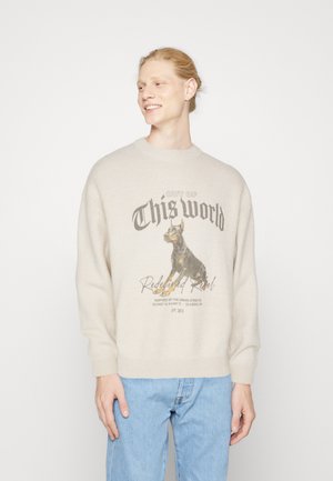 Ljusbeige stickad tröja med rund hals, prydd med ett grafiskt tryck av en hund och texten "OUT OF This World" i mörka bokstäver.