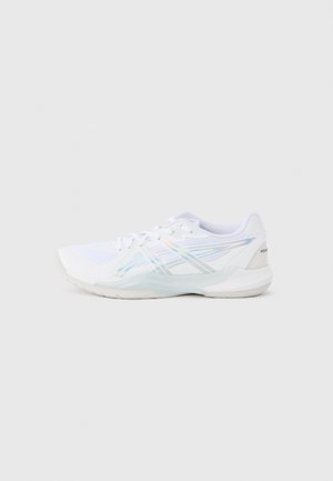 White athletic shoe with a textured mesh upper, translucent sole, and iridescent stripes along the sides. Minimalist design with a padded collar.