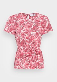 Röd och vit paisleymönstrad topp med rund hals, korta ärmar, elastisk midja och knytbälte. Tillverkad av lättviktigt tyg.