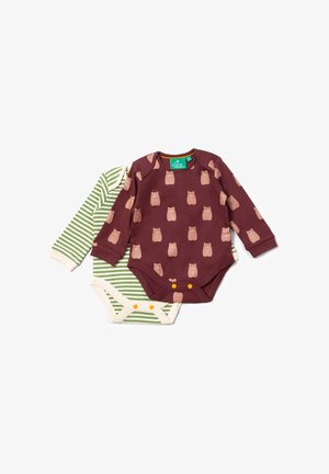 Two long-sleeve baby bodysuits: one maroon with bear pattern, the other green striped, both in soft cotton with snap fastenings.