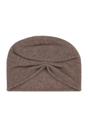 Brown knitted hat featuring a twisted design at the front and a smooth texture, with a rounded top and fitted band style.