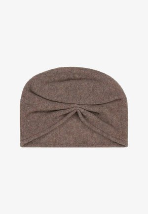 Brown knitted hat featuring a twisted design at the front and a smooth texture, with a rounded top and fitted band style.