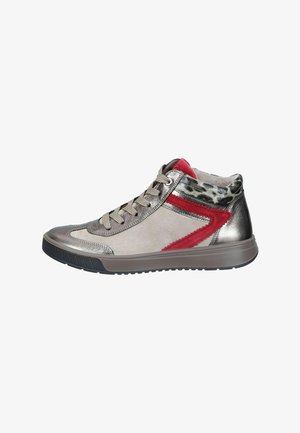 High-top sneaker featuring a metallic silver and beige suede upper, red accents, and a leopard print fabric collar. Rubber sole for grip.