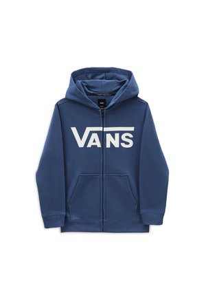 Blå hættetrøje med fuld lynlås, forlommer og stort hvidt "VANS" logo på brystet.