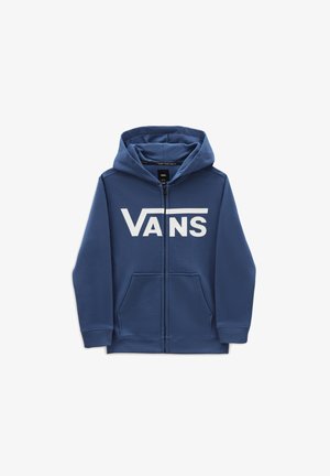 Blå hættetrøje med fuld lynlås, forlommer og stort hvidt "VANS" logo på brystet.