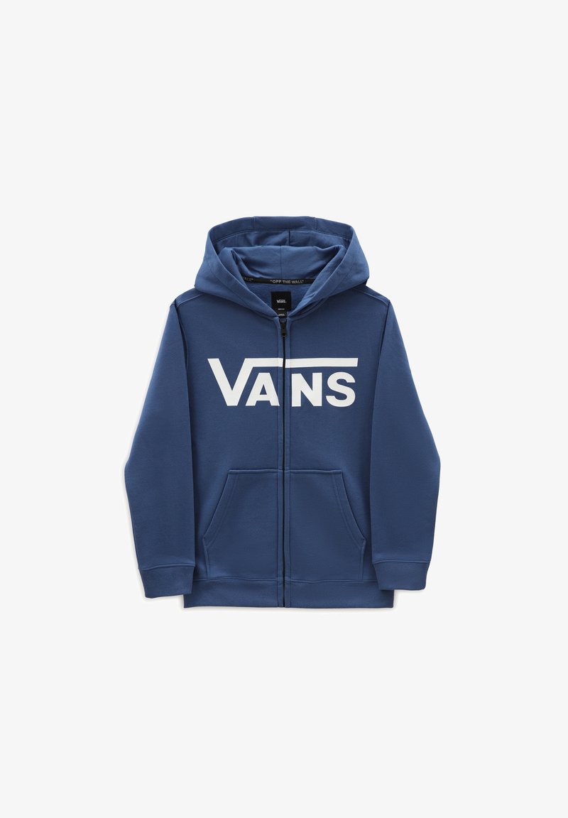 Sweat à capuche bleu zippé intégral avec poches avant et grand logo blanc "VANS" sur la poitrine.