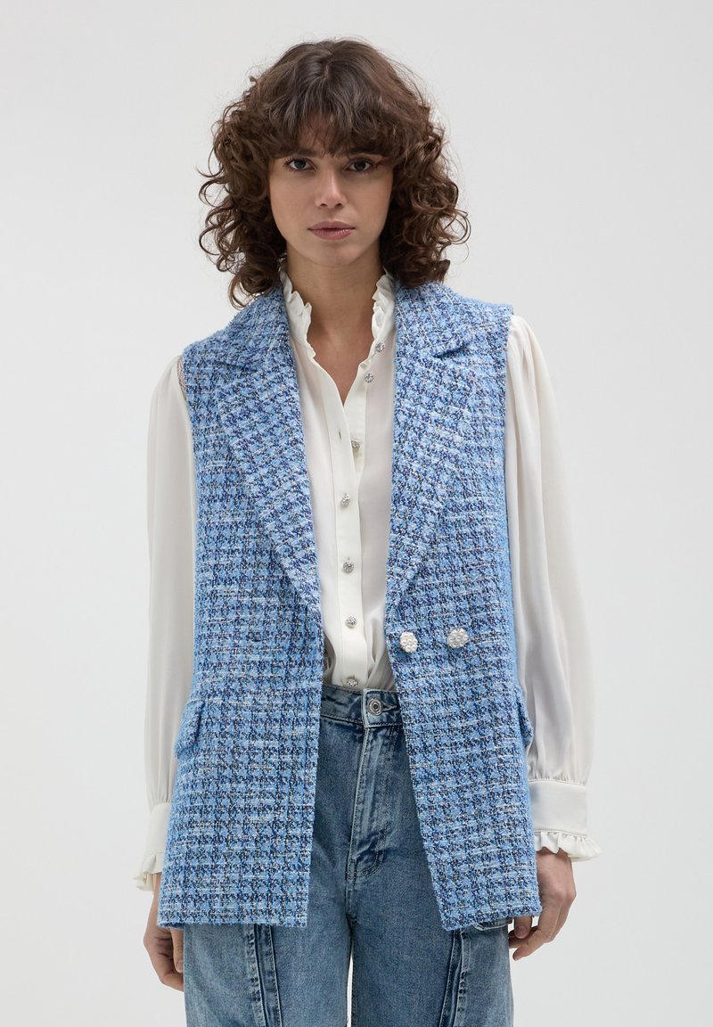 Calliope - GILET IN TWEED CON BOTTONI GIOIELLO  - Waistcoat - variante, Enlarge