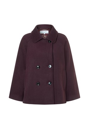 Burgundy wool double-breasted coat with a spread collar, featuring black buttons and side pockets; smooth texture, cropped design.