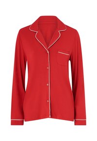 Rood lange mouwen pyjama-top met witte bies, een knoopsluiting aan de voorkant en een borstzak. Gemaakt van zachte stof, met een klassiek kraagontwerp.