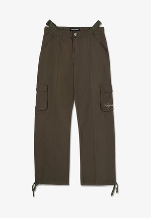 Olivinės žalios spalvos cargo kelnės, pagamintos iš lengvos medžiagos, su dviem šoninėmis kišenėmis, dviem cargo kišenėmis ir reguliuojamais raišteliais ties kulkšnimis.