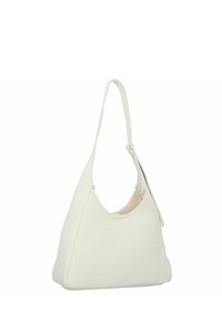 Bolso hobo blanco hecho de cuero texturizado, con una sola correa ajustable, una gran abertura y un sutil bolsillo exterior.