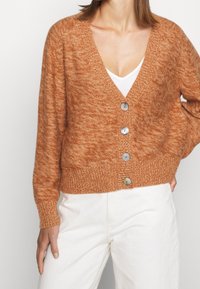 Žena ve zrezivě hnědém pleteném svetru s čtyřmi velkými knoflíky přes bílý top a bílé kalhoty, stojící před bílým pozadím.