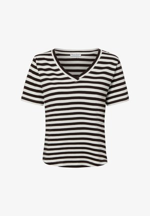 Czarna i biała koszulka z krótkim rękawem, poziomymi paskami i dekoltem w kształcie litery V z małym wszytym detalem poniżej dekoltu.
