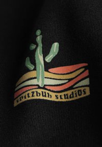 Zwarte stof met een gedrukt logo waarop een groene cactus en golvende lijnen in oranje, geel en crème zijn afgebeeld, met de tekst "spitzbub studios."