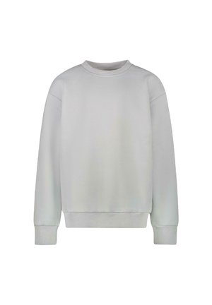 Effen wit sweatshirt met ronde hals, lange mouwen en geribde boorden en onderkant op een witte achtergrond.