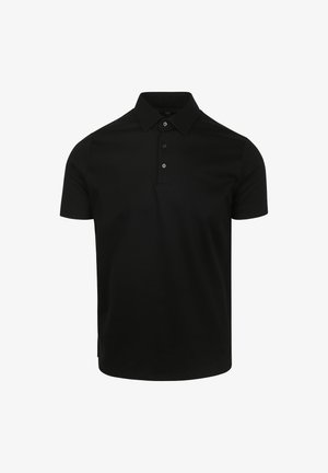 Schwarzes kurzärmliges Polo-Shirt aus Baumwolle mit klassischem Kragen, Drei-Knopf-Blende und gerade geschnittenem Saum mit Seitenschlitzen.