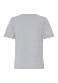 T-shirt gris à manches courtes en tissu doux, avec un col rond, une coupe décontractée, sans motifs ni accents visibles.