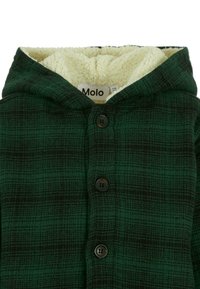 Zielono-czarna koszula w kratę z guzikami i kapturem, z miękkim kremowym flisem podszewkowym w kapturze i okolicy kołnierza.