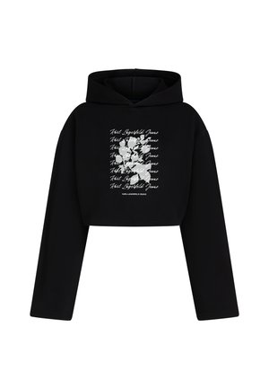Crna cropped dukserica s kapuljačom i dugim rukavima, bijeli ponovljeni tekst "Karl Lagerfeld Jeans" i apstraktni bijeli cvjetni grafički motiv sprijeda.