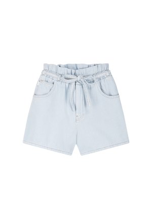 Hellblaue Jeansshorts mit elastischem Paperbag-Bund und Bindegürtel, Vordertaschen und lockerer Passform.