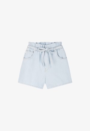 Hellblaue Jeansshorts mit elastischem Paperbag-Bund und Bindegürtel, Vordertaschen und lockerer Passform.
