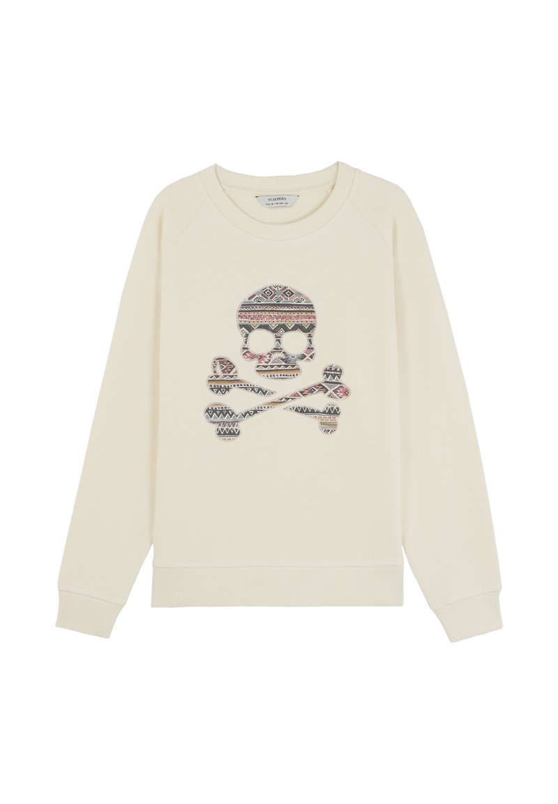 Sudadera de color crema con un diseño de calavera y tibias en patrones multicolores, que cuenta con puños y cuello acanalados, y un corte relajado.