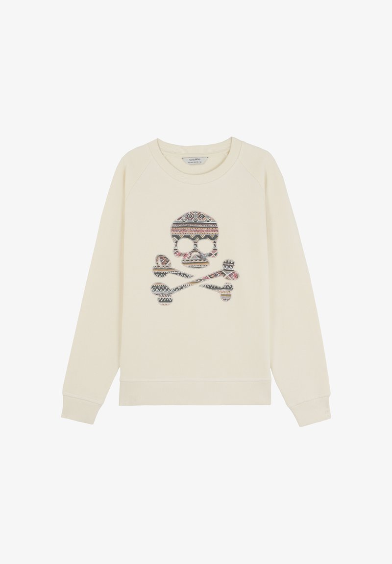 Sudadera de color crema con un diseño de calavera y tibias en patrones multicolores, que cuenta con puños y cuello acanalados, y un corte relajado.