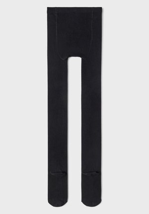 Collants opaques noirs avec une texture lisse, présentant un orteil renforcé et un design sans couture pour le confort et l'ajustement.