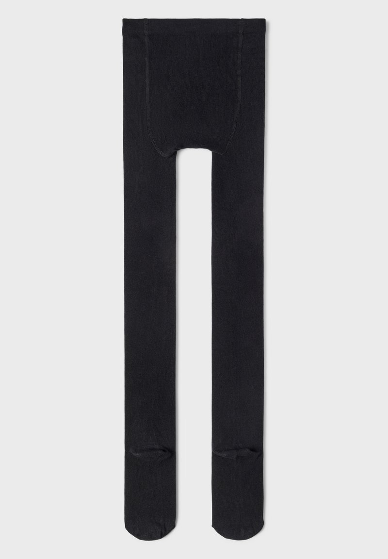 Collants opaques noirs avec une texture lisse, présentant un orteil renforcé et un design sans couture pour le confort et l'ajustement.