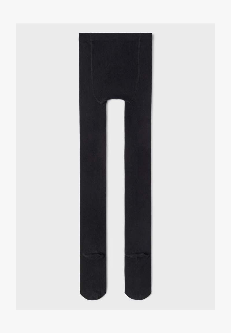 Collants opaques noirs avec une texture lisse, présentant un orteil renforcé et un design sans couture pour le confort et l'ajustement.