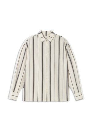 White button-up shirt with vertical black stripes, collar, long sleeves, and cuff buttons. Soft fabric with a smooth texture.