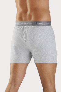 Grå bomullsboxershorts med en glatt tekstur og elastisk midjebånd som har teksten "COPENHAGEN STUDIOS" i hvit.