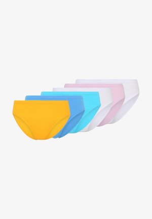 Six pairs of women's briefs in yellow, blue, light blue, white, pink, and purple. Cotton material, mid-rise design with a smooth texture.
