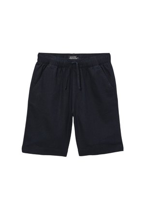 Shorts noirs décontractés avec taille élastique, cordon de serrage et poches latérales, présentés sur fond blanc.